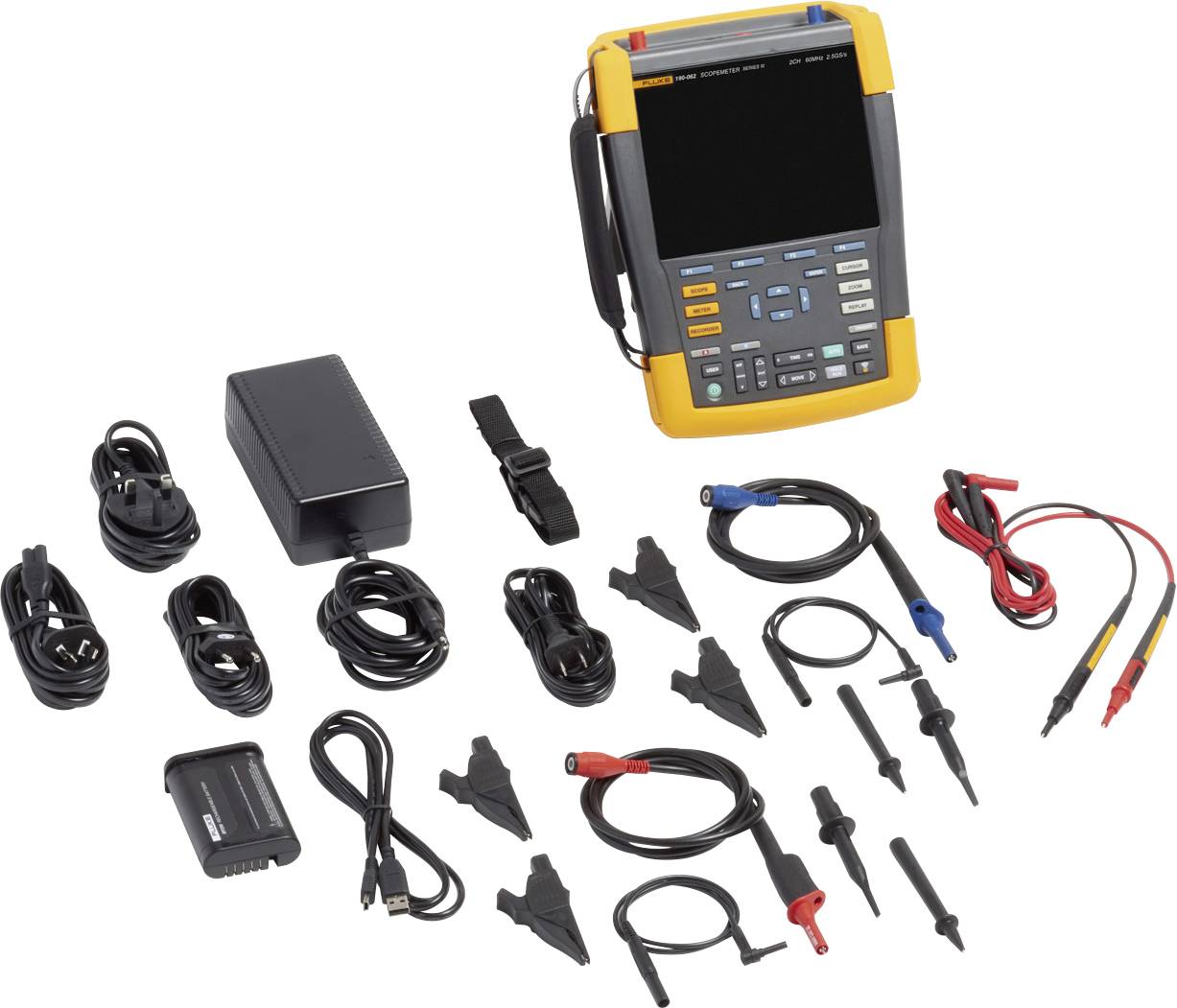 Ein tragbares Oszilloskop mit Zubehör, darunter mehrere Kabel, Sonden und Ladegerät, auf einer weißen Fläche ausgebreitet.
