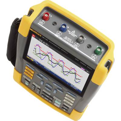 Ein tragbares, gelbes Multimeter zeigt einen Graphen mit Spannungskurven. Oben sind vier Anschlüsse, unten Tasten für die Bedienung.