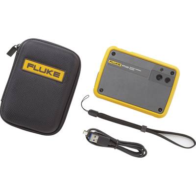 Tragetasche mit 'FLUKE'-Logo, Fluke PR1000 Gerät und USB-Kabel. Das Gerät dient der elektronischen Messung und Diagnose.
