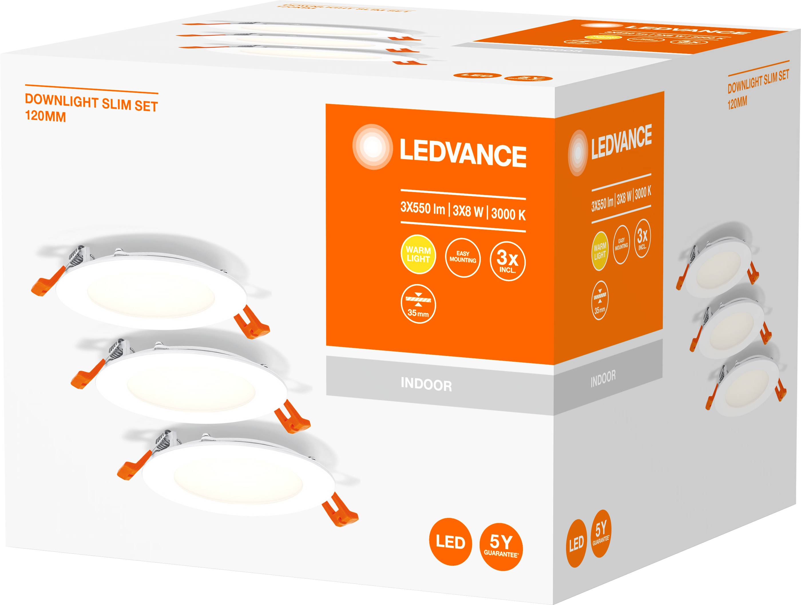 Verpackung eines LEDVANCE Downlight Slim Sets, zeigt drei runde Einbauleuchten. Details: 3x650lm, 3000K, 5 Jahre Garantie, indoor.