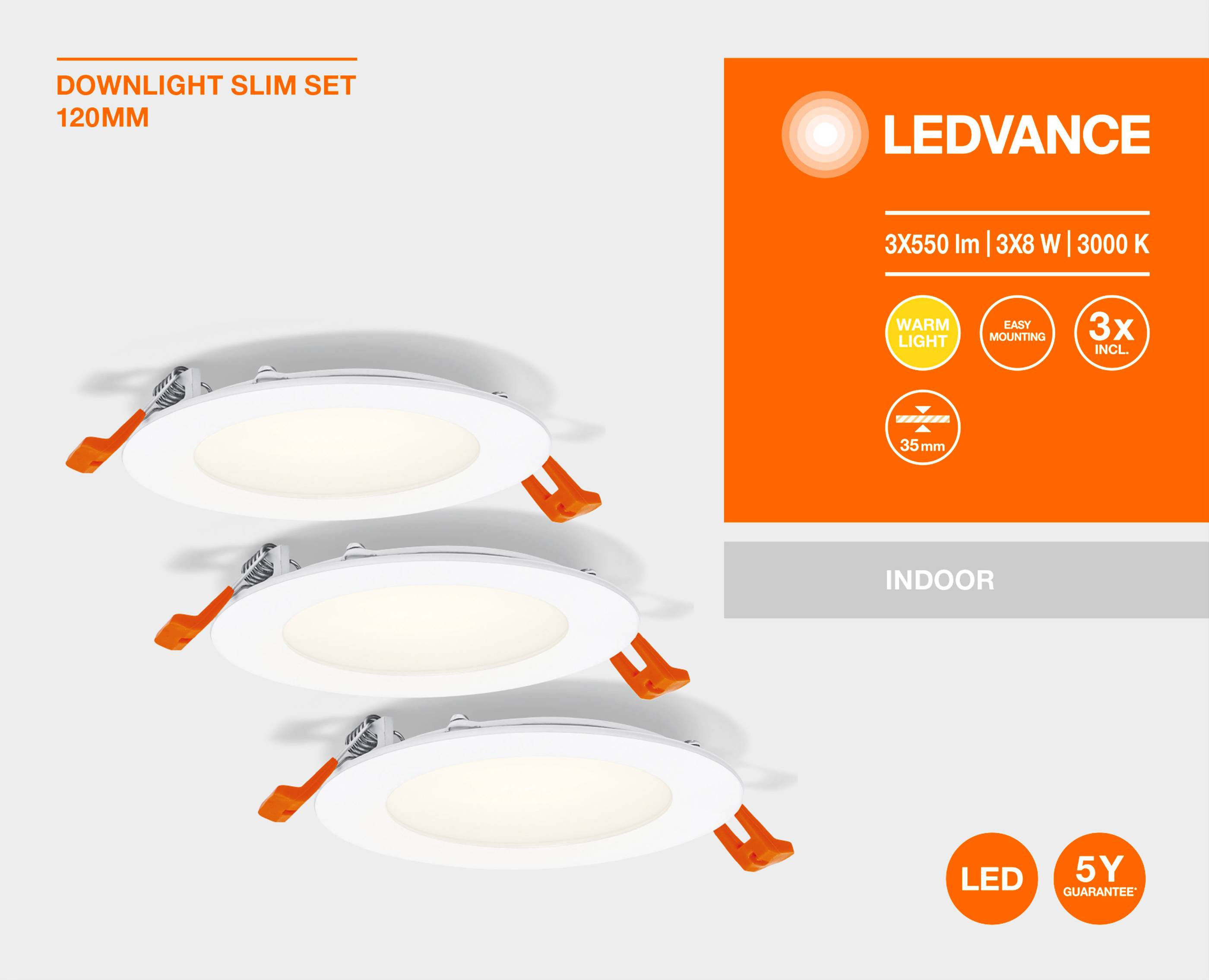 'Produktbild von LEDVANCE Einbauleuchten-Set, drei flache LED-Leuchten im Set, 3000 Kelvin für warmweiße Beleuchtung, einfache Montage.'
