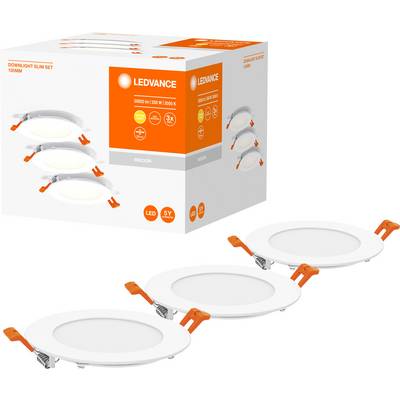 Verpackung eines LED-Einbauleuchten-Sets von Ledvance. Abgebildet sind drei runde Leuchten, LED 5W, 3000K, für den Innenbereich geeignet.