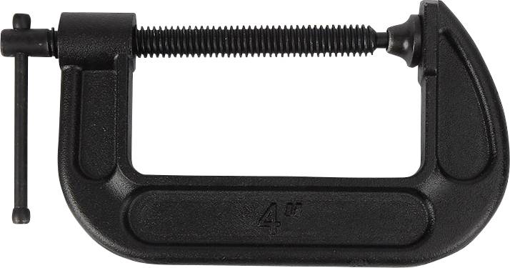 Schwarze Schraubzwinge mit einer Spannweite von 4 Zoll.