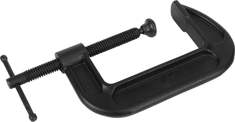 Ein schwarzer C-Schraubstock, auch als Schraubzwinge bekannt, zur Fixierung von Gegenständen bei handwerklichen Arbeiten.