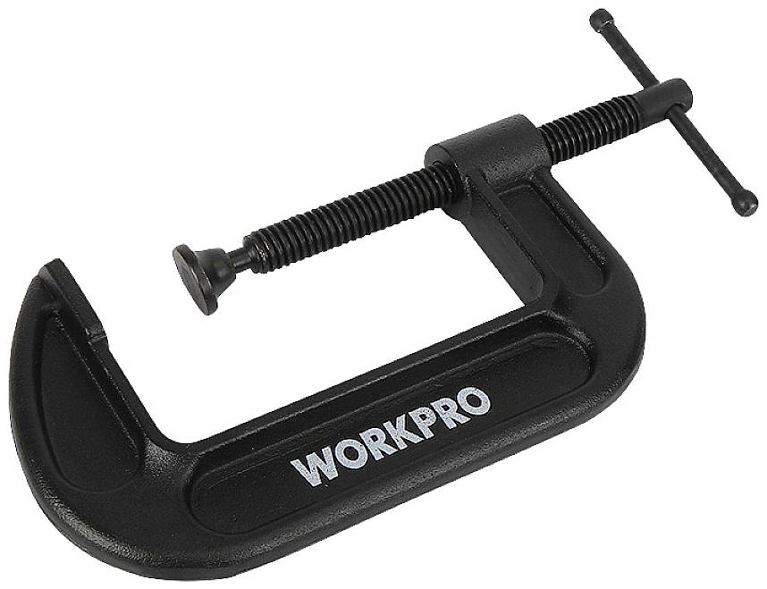 Eine schwarze C-Klemme aus Metall mit der Aufschrift 'WORKPRO', verwendet zum Fixieren oder Halten von Objekten fest an Ort und Stelle.