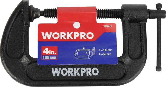 Eine schwarze C-Schraubzwinge der Marke Workpro mit rotem und blauem Etikett. Die Größe beträgt 100 mm (4 Zoll).
