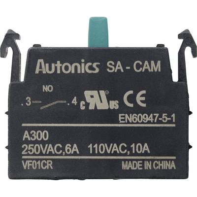 Ein schwarzer elektrischer Schalter mit der Aufschrift 'Autonics SA-CAM'. Spezifikationen wie Spannung und Stromstärke sind angegeben.