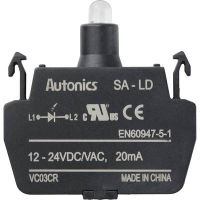 Ein schwarzer Sensor von Autonics (Modell SA-LD) mit technischen Spezifikationen für Spannung (12-24VDC/VAC) und Strom (20mA).