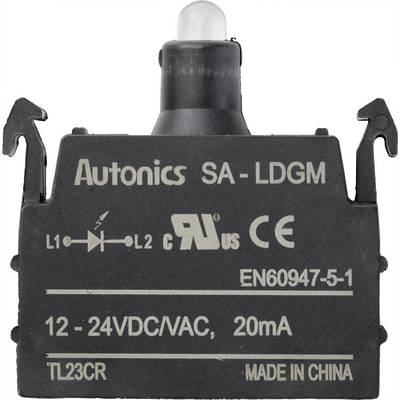 Ein rechteckiger schwarzer Induktionssensor von Autonics mit Aufschrift '12 - 24VDC/AC, 20mA'. Hergestellt in China.