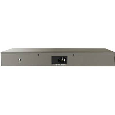 Ein rechteckiges elektronisches Gerät, möglicherweise ein Netzwerkswitch oder ein ähnliches Gerät, mit Anschlüssen und Schaltern auf der Vorderseite.