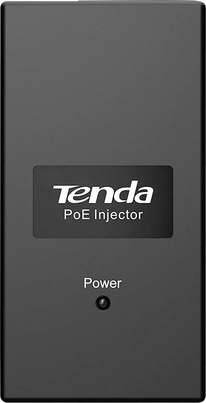 Ein schwarzer Tenda PoE Injector mit weißem Logo und Text 'Power'.