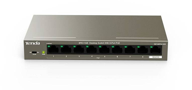 Ein schwarzer 8-Port-PoE-Netzwerkswitch von Tenda mit grünen LED-Anzeigen über jedem Port. Markenname links, Ports sichtbar.
