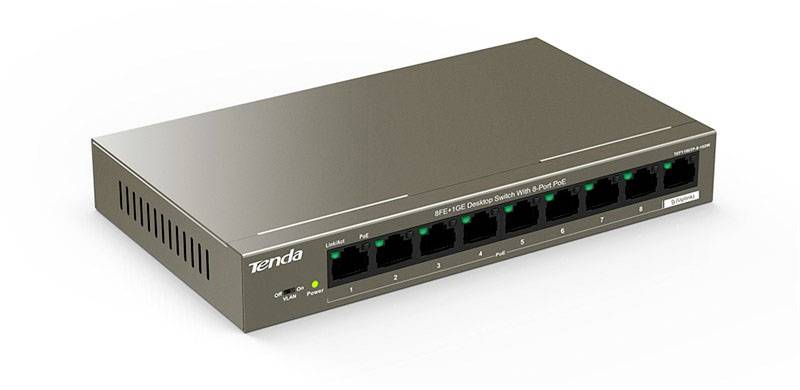 Acht-Port-Netzwerkswitch von Tenda mit POE-Unterstützung, geeignet für den Einsatz in kleinen Büros zur Netzwerkverbindung.