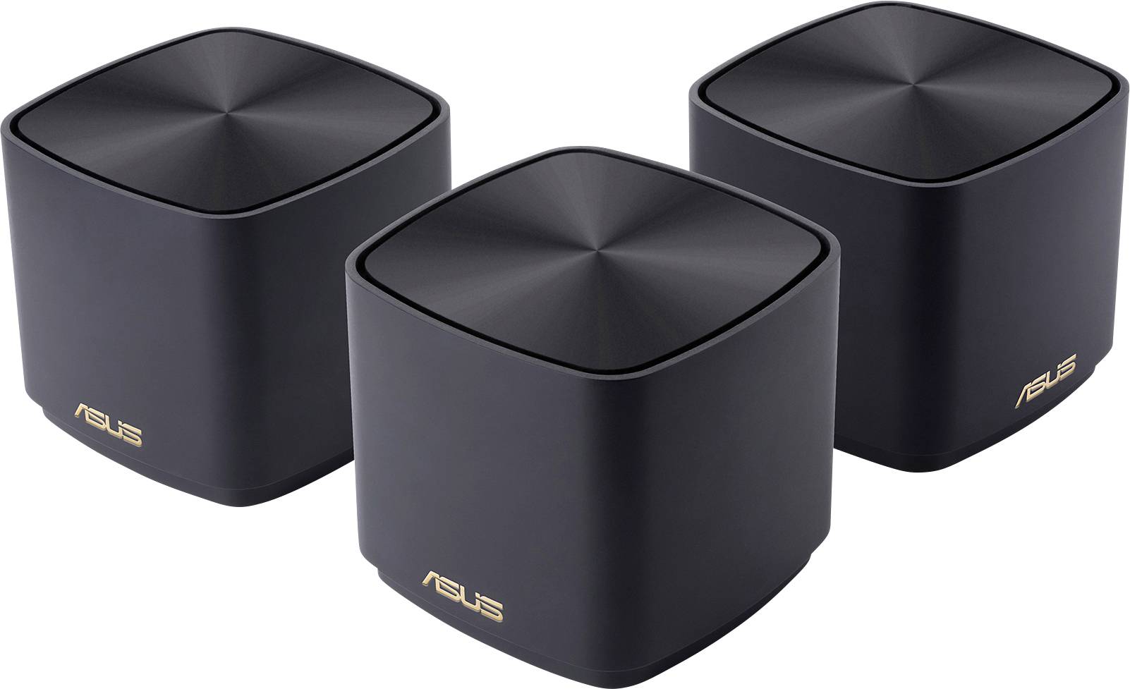 Drei schwarze ASUS-Wi-Fi-Router in würfelförmigem Design. Sie stehen nebeneinander auf einer weißen Oberfläche.