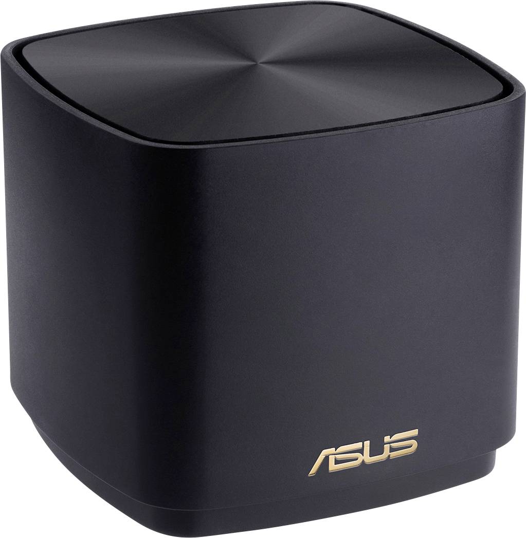 Schwarzes ASUS-WLAN-Gerät in Würfelform mit abgerundeten Ecken und goldfarbenem Logo an der unteren Vorderseite.