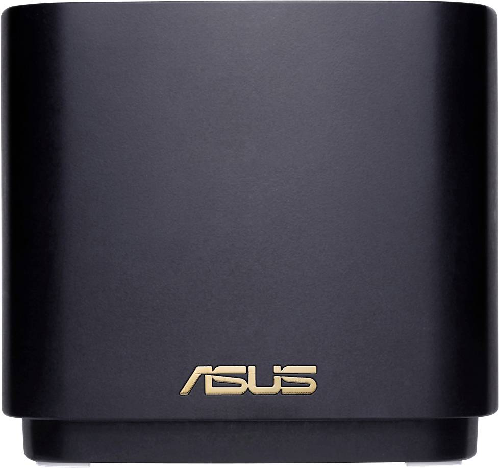 Schwarzer ASUS-Router mit goldenen Markenlogo, würfelförmiges Design, ohne sichtbare Anschlüsse oder Anzeigen.