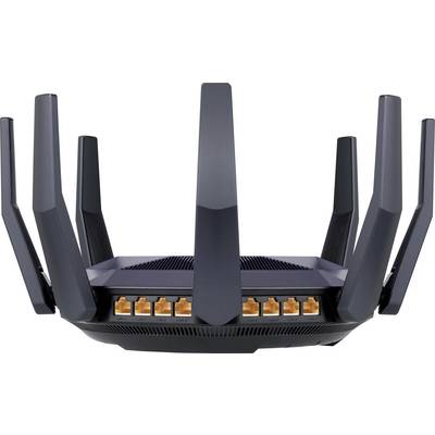 Ein schwarzer Router mit mehreren Antennen, zeigt acht Ethernet-Ports an der Vorderseite, geeignet für kabellose Netzwerkverbindungen.