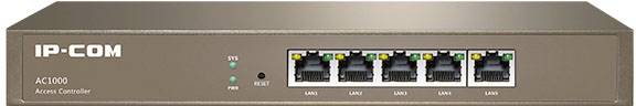 Ein Access Controller von IP-COM mit fünf Ethernet-Ports, LED-Anzeigen für Status und Netzwerkkontrolle. Gerät ist braun.