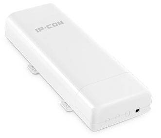 Ein rechteckiges weißes WLAN-Gerät mit der Aufschrift 'IP-COM', mit Befestigungslaschen und Anschlüssen an der Unterseite.
