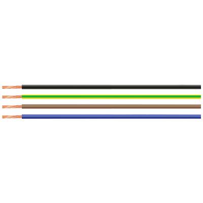 Vier Elektrokabel in verschiedenen Farben: schwarz, gelb-grün, braun und blau, jeweils mit kupferfarbenem Draht an einem Ende.