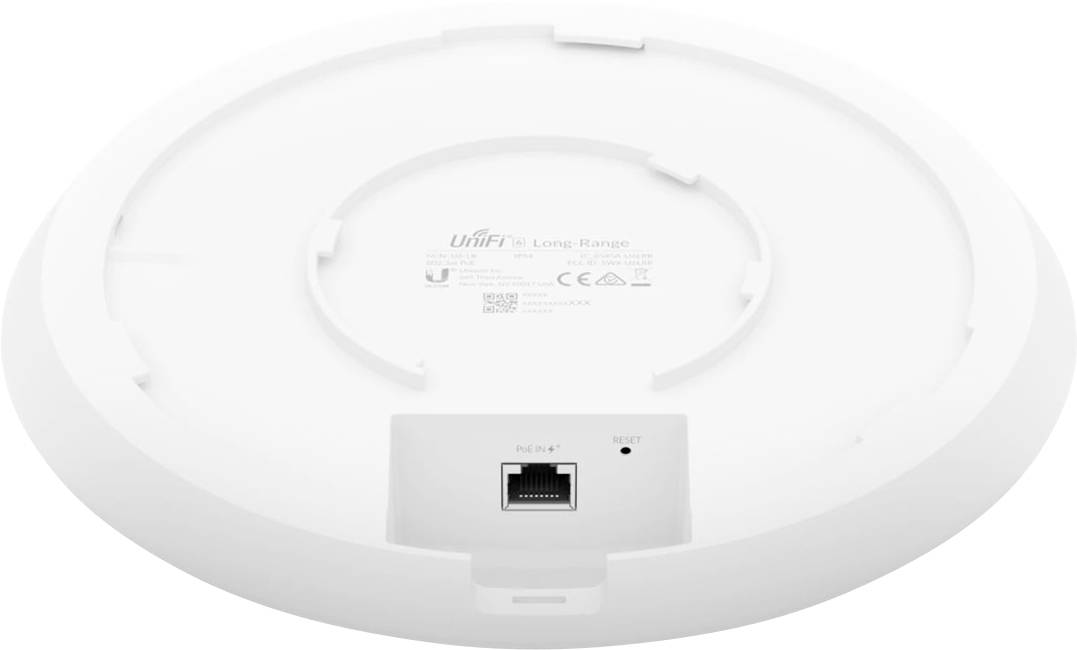 Runder weißer WLAN-Access-Point mit Ethernetanschluss unten und Aufschrift 'UniFi AP Long Range' auf der Oberseite.