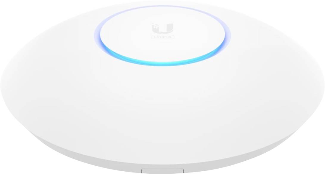 Ein runder, weißer WLAN-Zugangspunkt mit blau leuchtendem Rand auf einer glatten Oberfläche. Herstellermarke auf der Oberseite erkennbar.