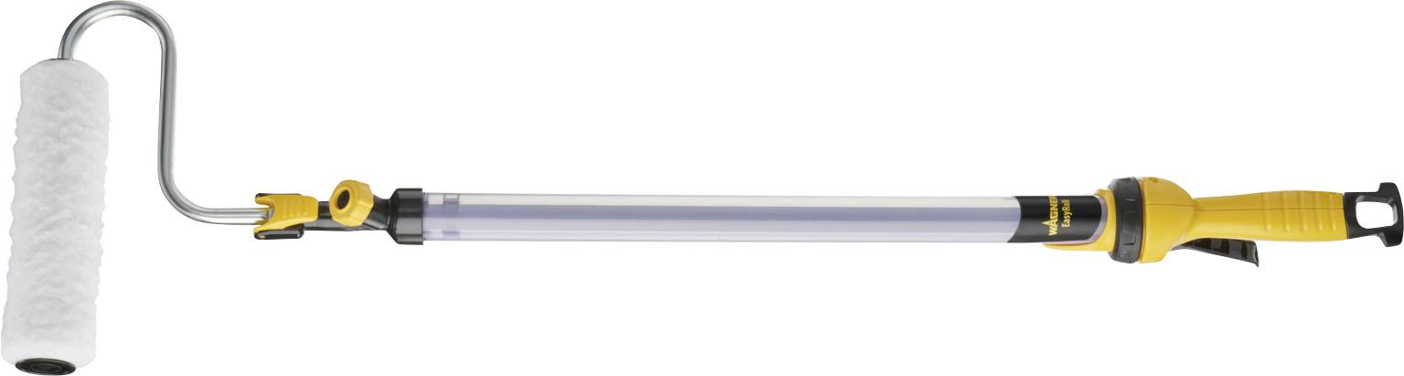 Teleskopfarbroller mit gelbem Griff, ausziehbar zur Wand- oder Deckenbemalung. Geeignet für größere Flächen und schwer erreichbare Stellen.