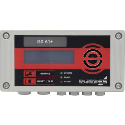 Ein elektronisches Gerät mit Anzeige, Tasten für 'Service', 'Reset' und 'Test', sowie LEDs für Betrieb, Fehler und Alarm.