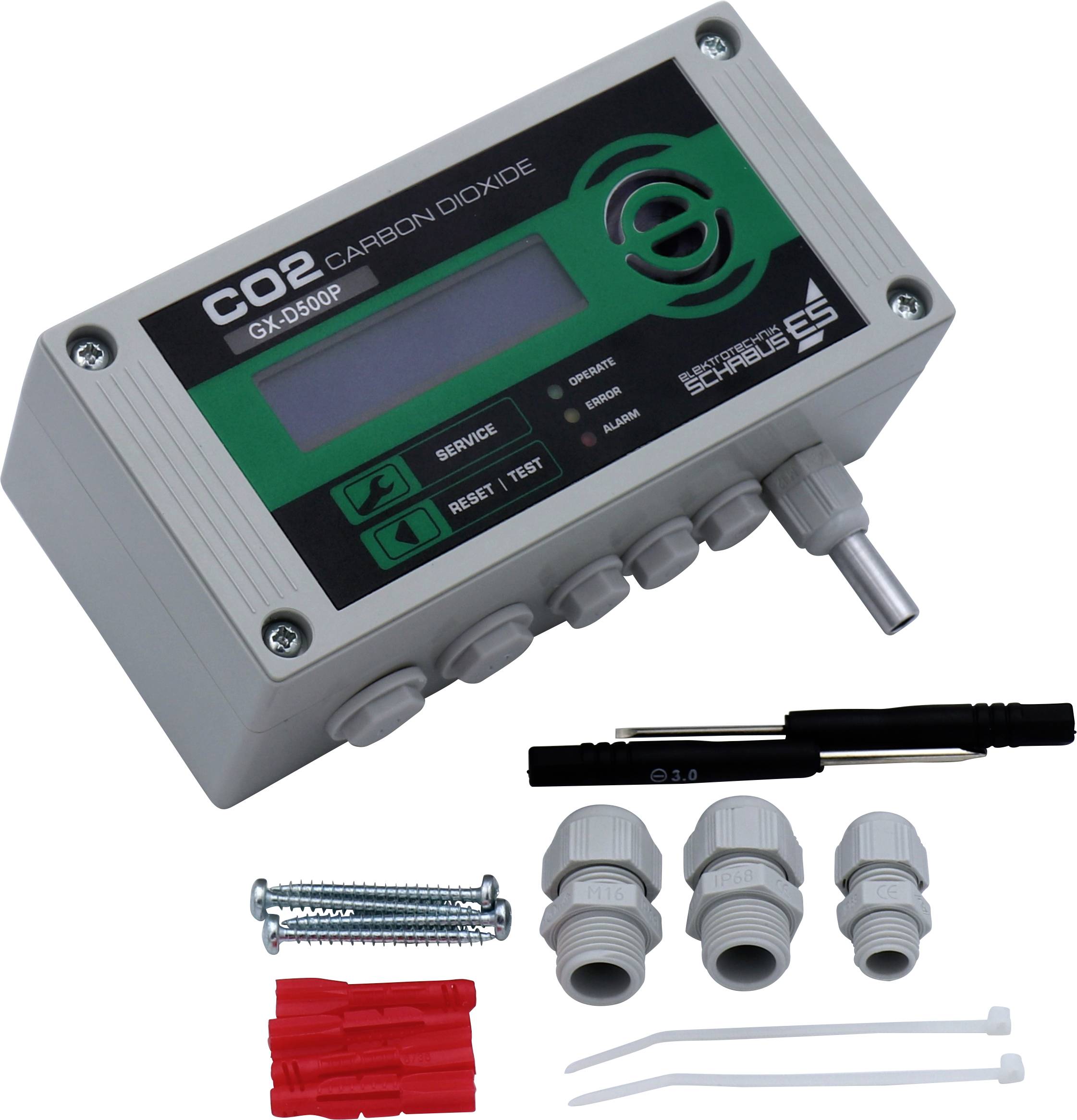 Ein CO2-Detektor mit LCD-Anzeige zeigt Messwerte an. Darunter liegen Montagematerialien: Schrauben, Dübel, Kabeldurchführungen und Kabelbinder.