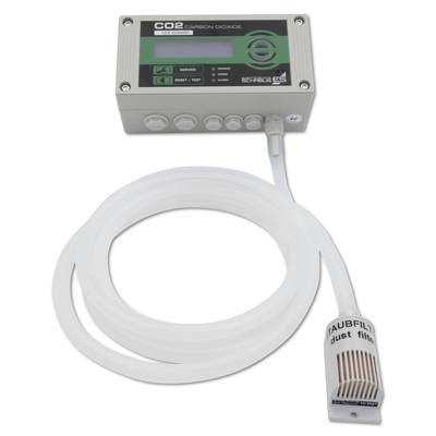 CO2-Messgerät mit digitalem Display und Staubfilter, zur Überwachung von Kohlendioxidwerten in Innenräumen. Enthält Bedienknöpfe.