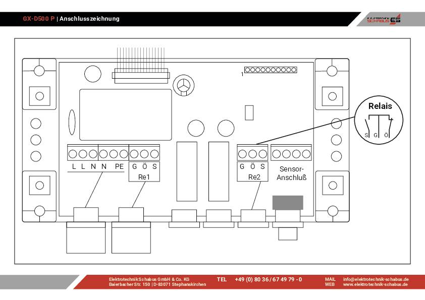 'Anschlusszeichnung einer elektrischen Schaltung mit Relais, Sensoranschlüssen und Beschriftungen für L, N, PE an zwei Punkten.'