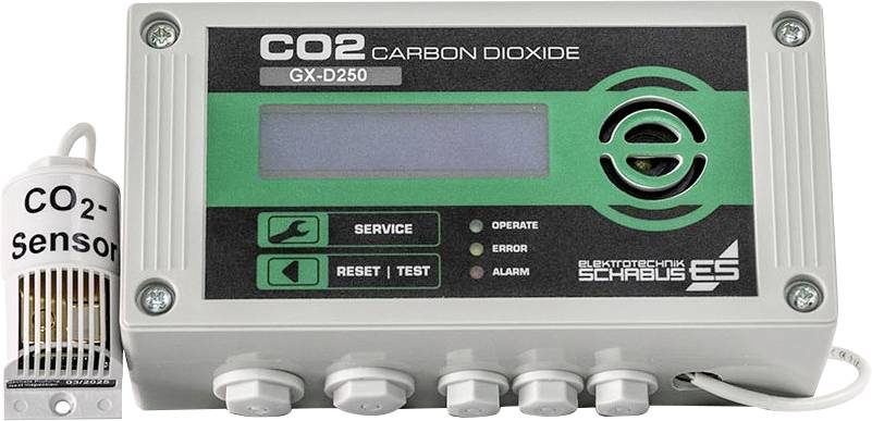 CO2-Messgerät GX-D250 mit Sensor zur Messung von Kohlendioxidkonzentration, Anzeige, Tasten für Betrieb, Fehler, Alarm und Reset/Tes.