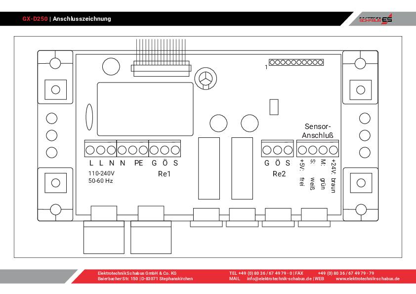 'Anschlusszeichnung einer elektronischen Steuerplatine mit Anschlüssen für Sensor und Stromversorgung, gekennzeichnete Verbindungspunkte.'