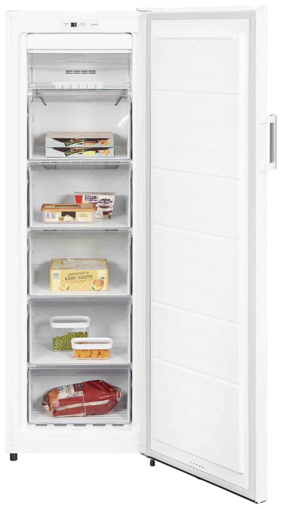 Ein offener, weißer Gefrierschrank mit mehreren Fächern, gefüllt mit Lebensmitteln wie Fleisch, Gemüse, und gefrorenen Fertiggerichten.