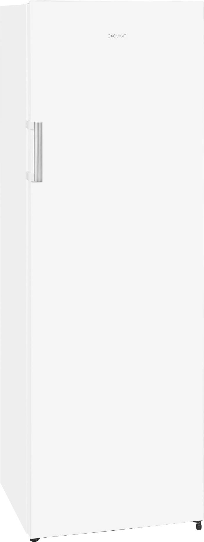 Ein schmaler, stehender weißer Kühlschrank mit einem vertikalen Griff auf der linken Seite. Das Gehäuse ist schlicht und ohne Verzierungen.