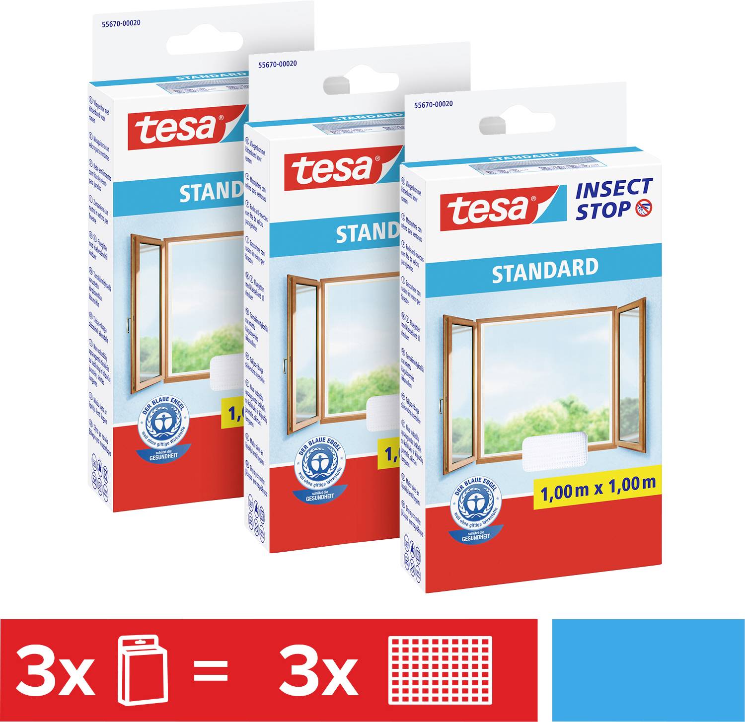'Drei Packungen Tesa Insect Stop Standard Fliegengitter, jedes 1x1 Meter, abgebildet mit einem offenen Fenster und Piktogrammen.'