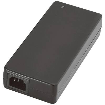 Schwarzer Netzadapter mit rechteckiger Form und einem Anschluss an der Vorderseite.