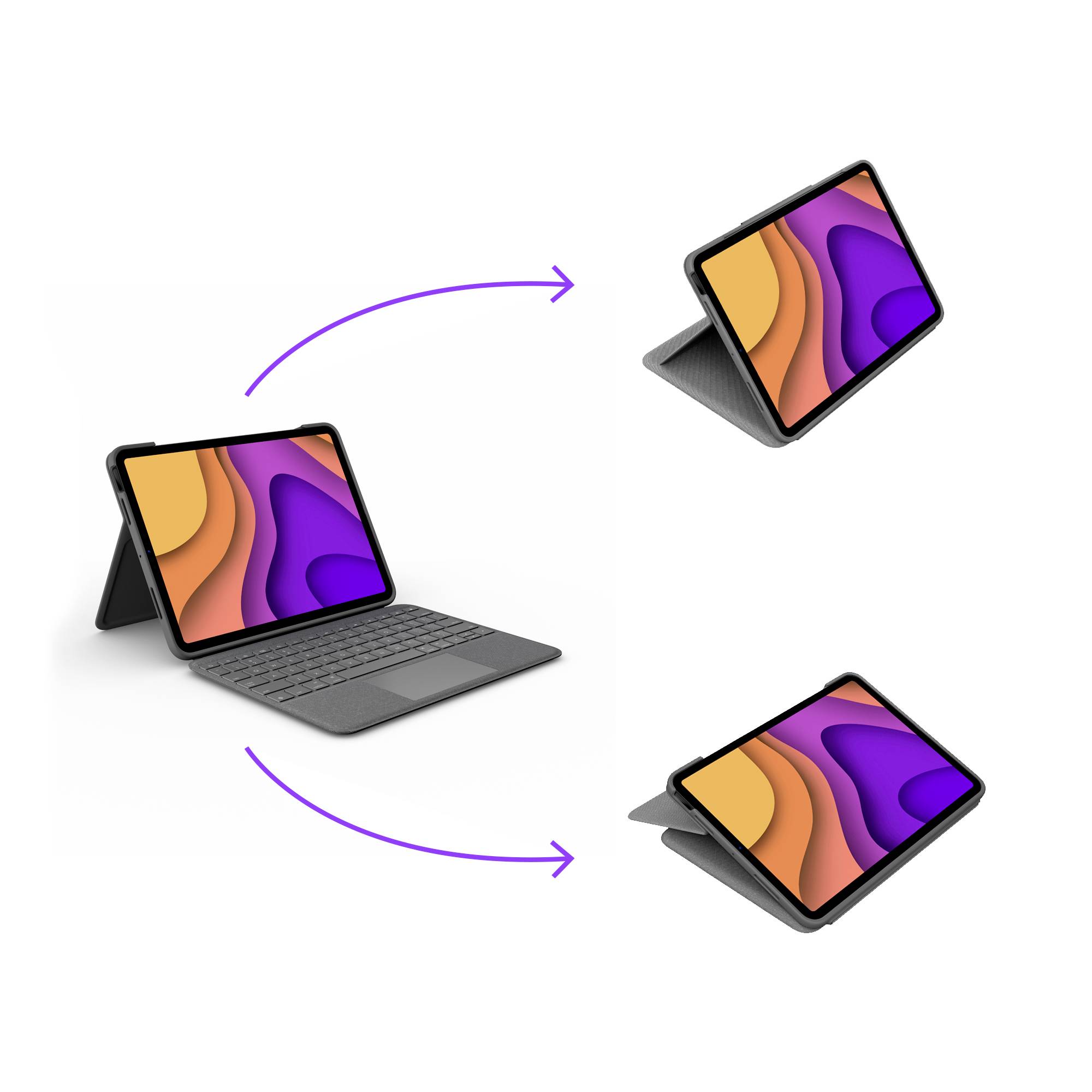 Tablet mit abnehmbarer Tastatur in drei Ansichten: offen, im Hochformat aufgestützt, und im Querformat aufgelegt. Pfeile zeigen Umwandlung.