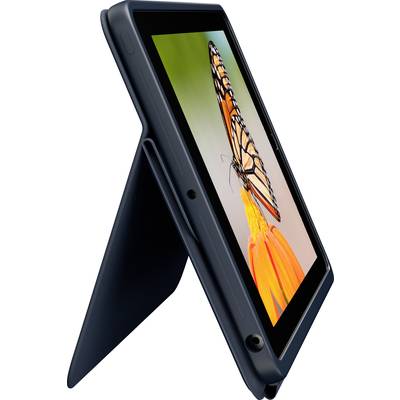 Tablet in einem Ständer zeigt ein Foto eines Schmetterlings, der auf einer orangefarbenen Blume sitzt.
