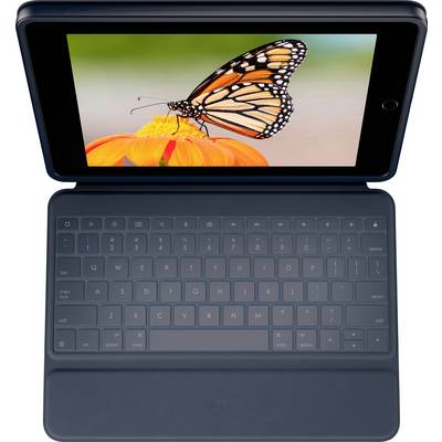 Ein Tablet mit Tastatur zeigt ein Foto eines Monarchfalters auf einer orangefarbenen Blume.
