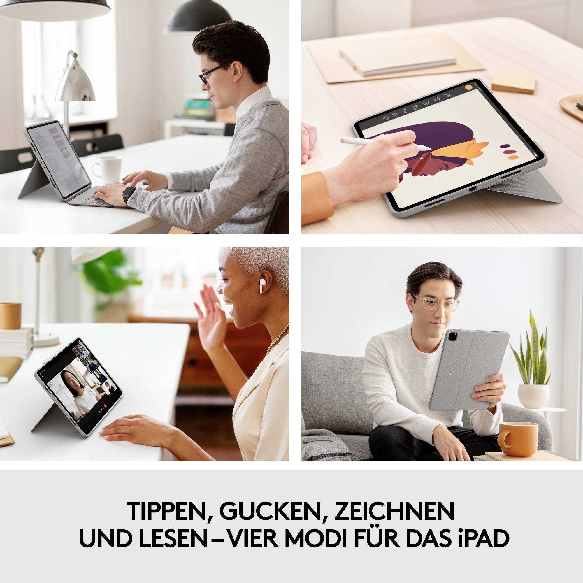 Vier Bilder zeigen verschiedene iPad-Nutzungen: Tippen, Zeichnen, Videokonferenz und Lesen. Menschen interagieren mit den Geräten.