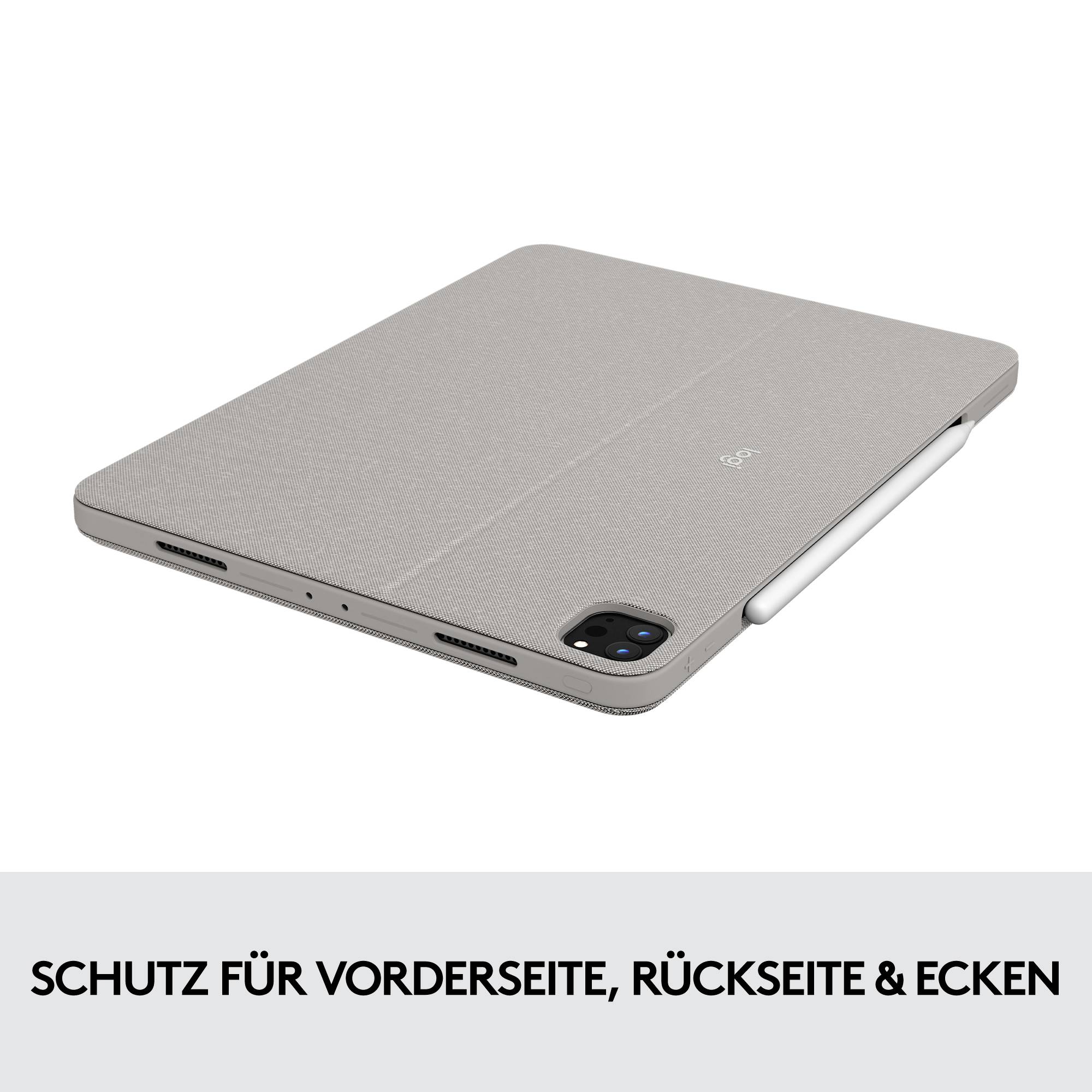 Tablet in Hülle mit Stifthalter, auf Tisch liegend. Text unten: 'Schutz für Vorderseite, Rückseite & Ecken'.