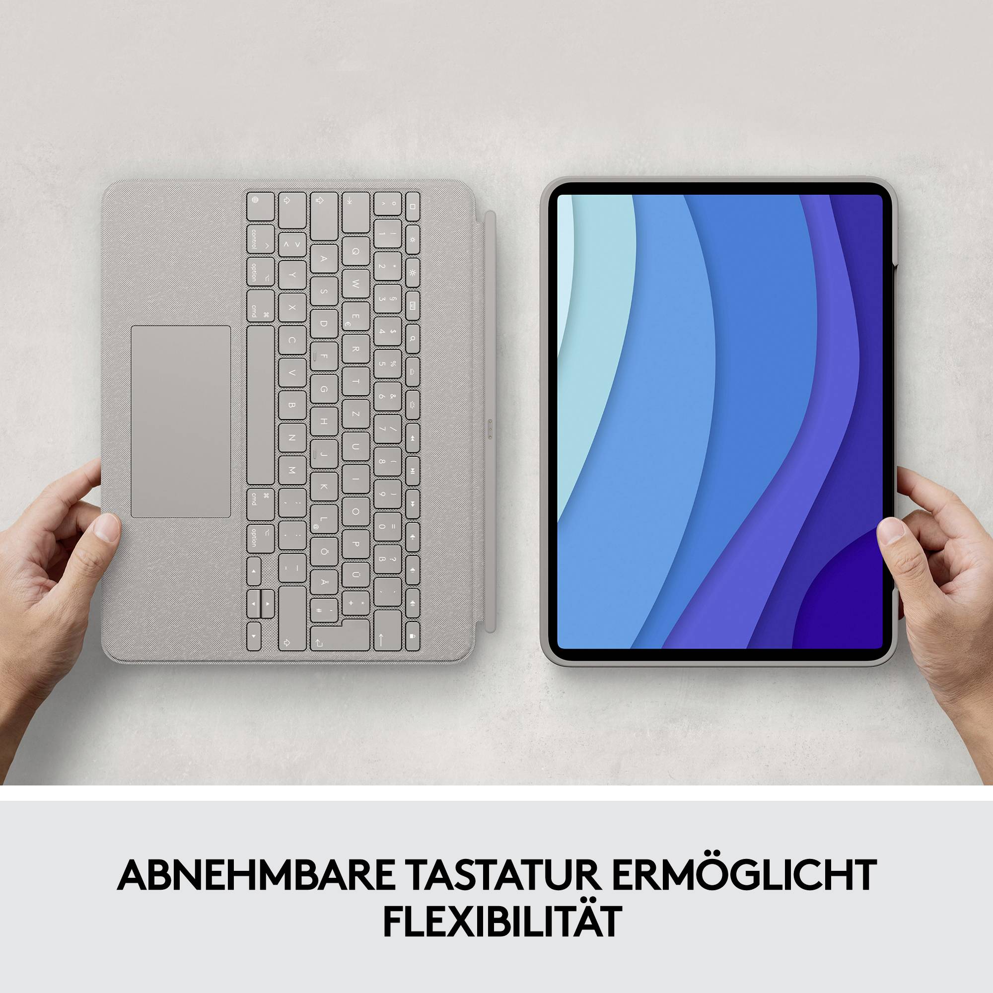 Tablet mit sanft geschwungenem, blauem Bildschirm. Abnehmbare Tastatur bietet Flexibilität. Hände halten beides getrennt.