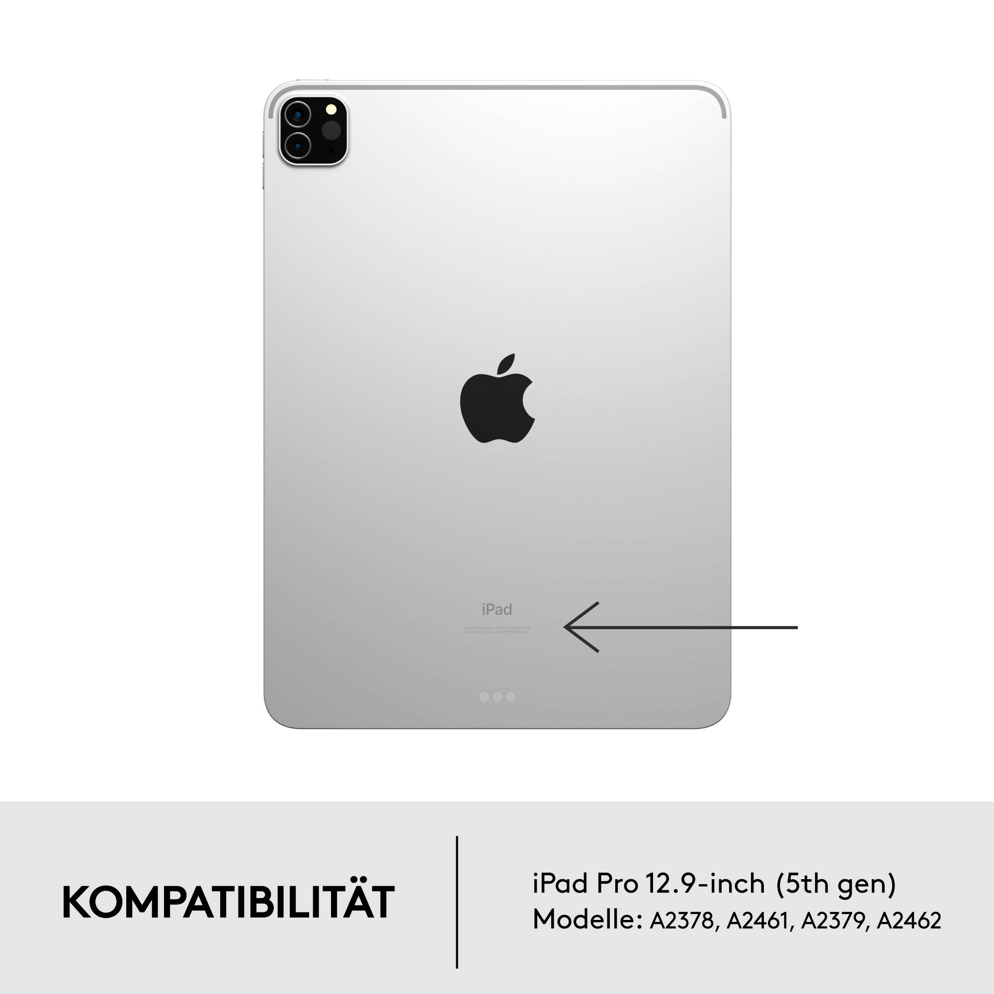 Rückansicht eines silbernen iPad Pro 12,9 Zoll (5. Generation), Kompatibilitätsangaben unten: Modelle A2378, A2461, A2379, A2462.
