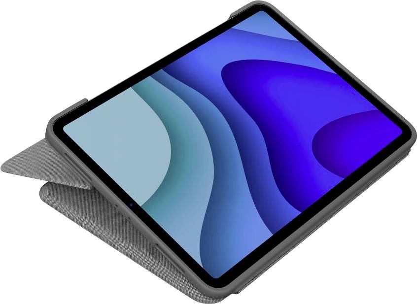 Ein Tablet mit einem blauen und grünen geschwungenen Muster auf dem Bildschirm, in einem grauen Schutzhülle aufgestellt.