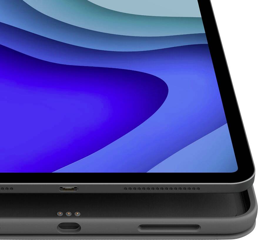 Ein Tablet mit modernem Design, blauer Bildschirmhintergrund mit Wellenmuster, schwarz umrandet.