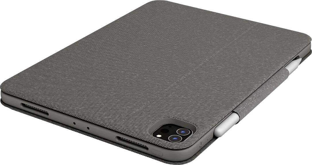 Graue Tablet-Hülle mit strukturiertem Stoffbezug, zeigt Aussparungen für Kamera und Lautsprecher, liegt flach auf einer Oberfläche.