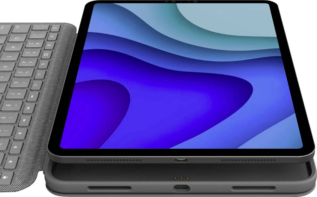 Tablet mit blauer, wellenförmiger Hintergrundgrafik, angelehnt an schwarze Tastaturhülle.