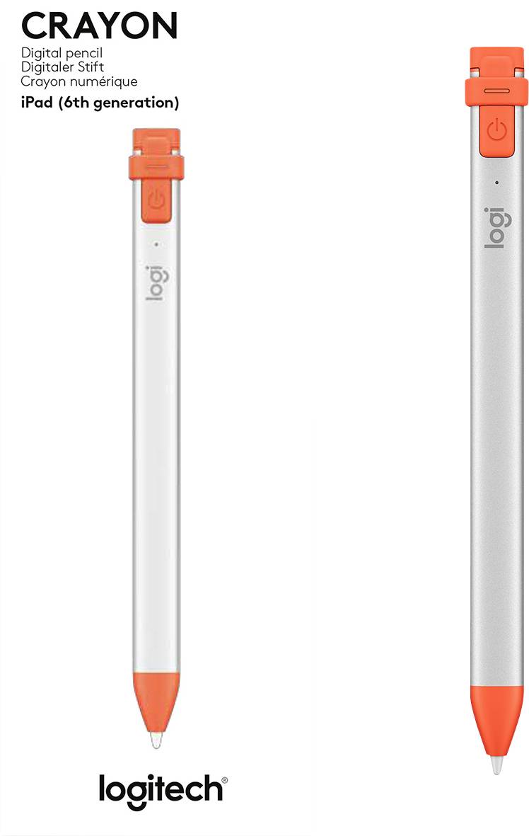 Logitech Crayon: Digitaler Stift für iPad der 6. Generation, in orange-silbernem Design.
