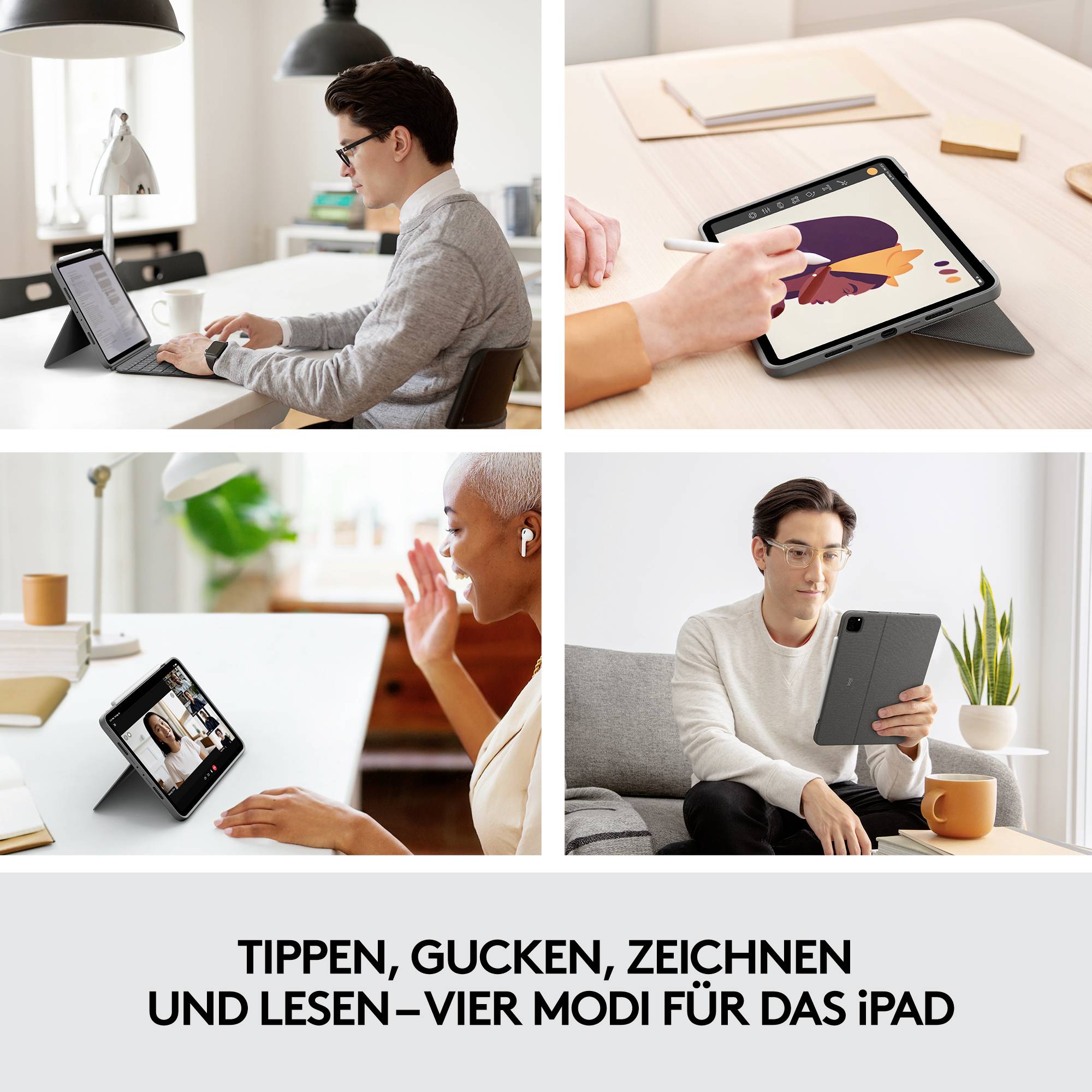 Vier Bilder zeigen iPads in unterschiedlichen Modi: tippen, zeichnen, videotelefonieren, lesen. Text: 'Tippen, gucken, zeichnen und lesen – vier Modi für das iPad'.